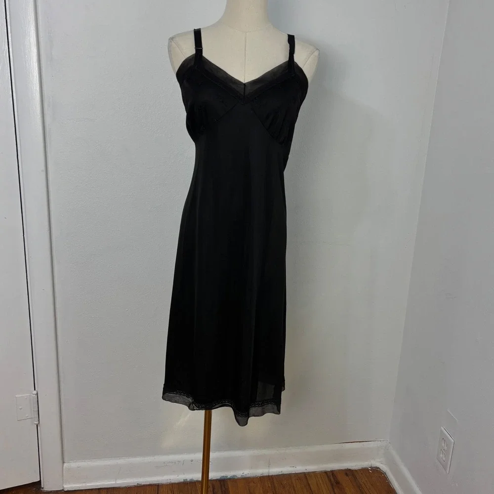 Vintage Philmaid Black Nylon Lace Trim Slip Dress Ethereal Fairy Goth 40/Small